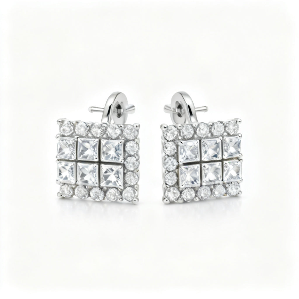 Princess & Round Lab-Grown Diamond Luxe Back Earrings - White Gold - Front View