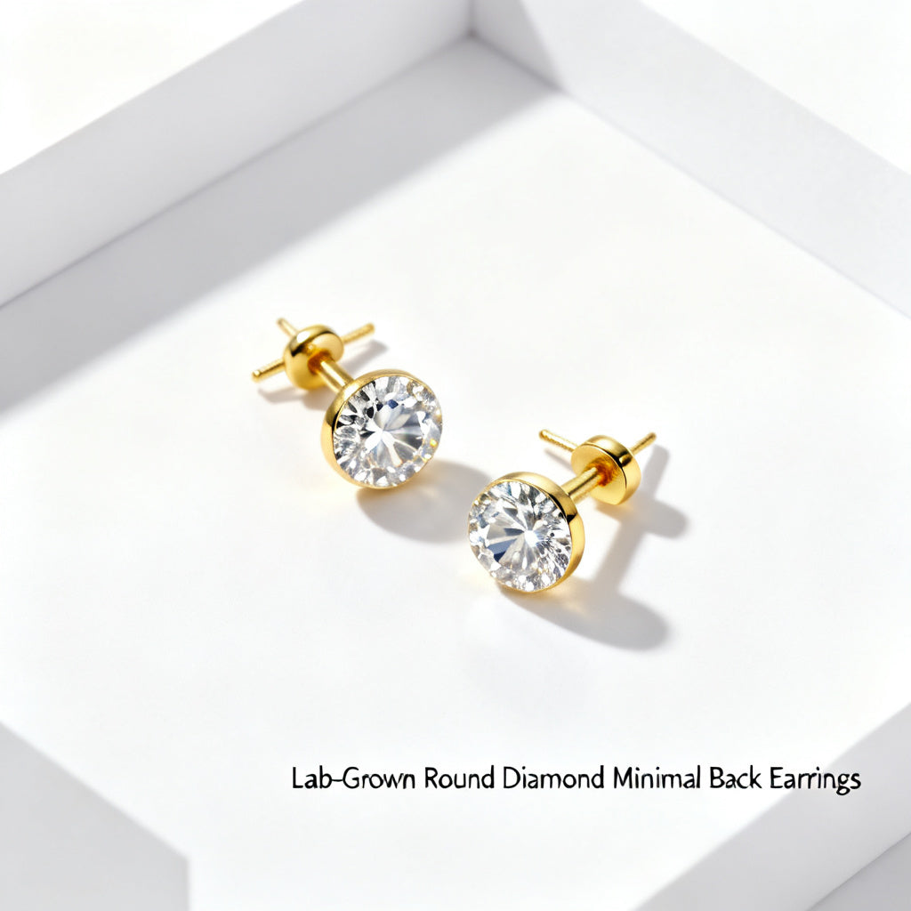 Lab-Grown Round Diamond Minimal Back Earrings - Yellow Gold Overhead View