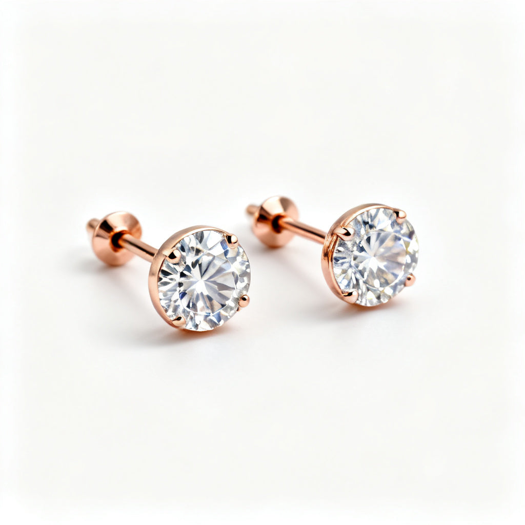 Lab-Grown Round Diamond Minimal Back Earrings - Rose Gold Front View
