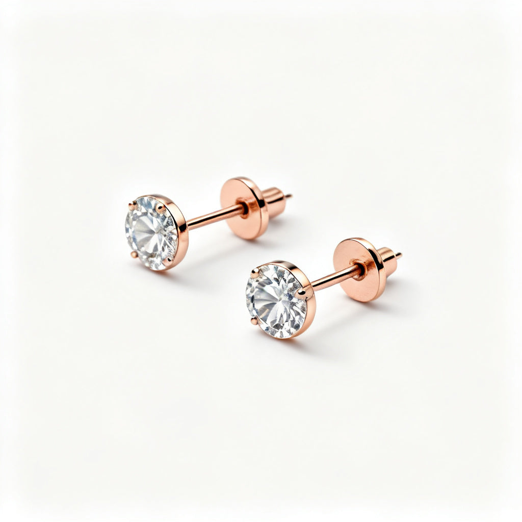 Lab-Grown Round Diamond Minimal Back Earrings - Rose Gold 45 Degree View