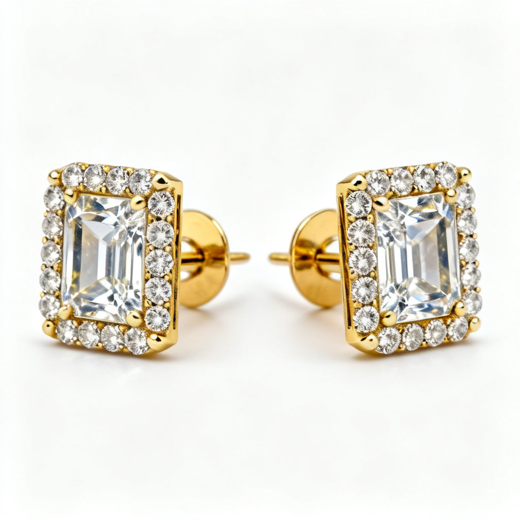 Emerald Round Lab-Grown Diamond Luxe Back Earrings Yellow Gold Front View
