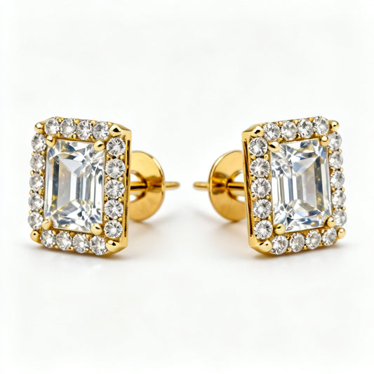 Emerald Round Lab-Grown Diamond Luxe Back Earrings Yellow Gold Front View