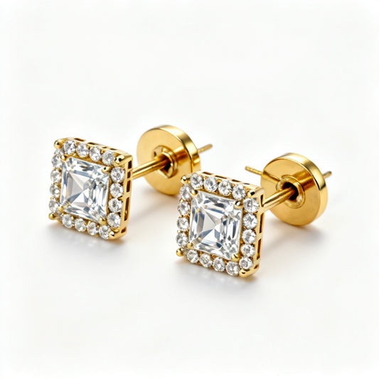 Emerald Round Lab-Grown Diamond Luxe Back Earrings Yellow Gold 45 View