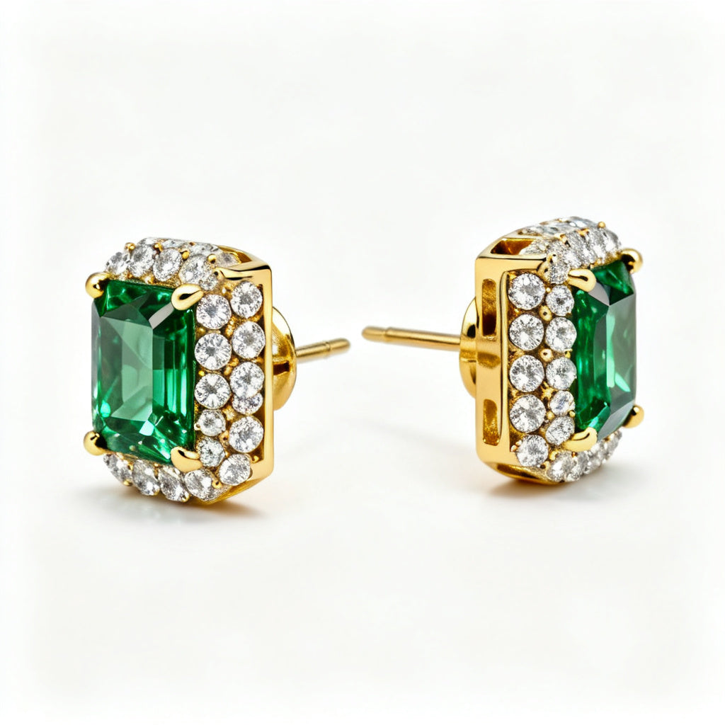 Emerald Round Lab-Grown Diamond Luxe Back Earrings Yellow Gold Side Profile