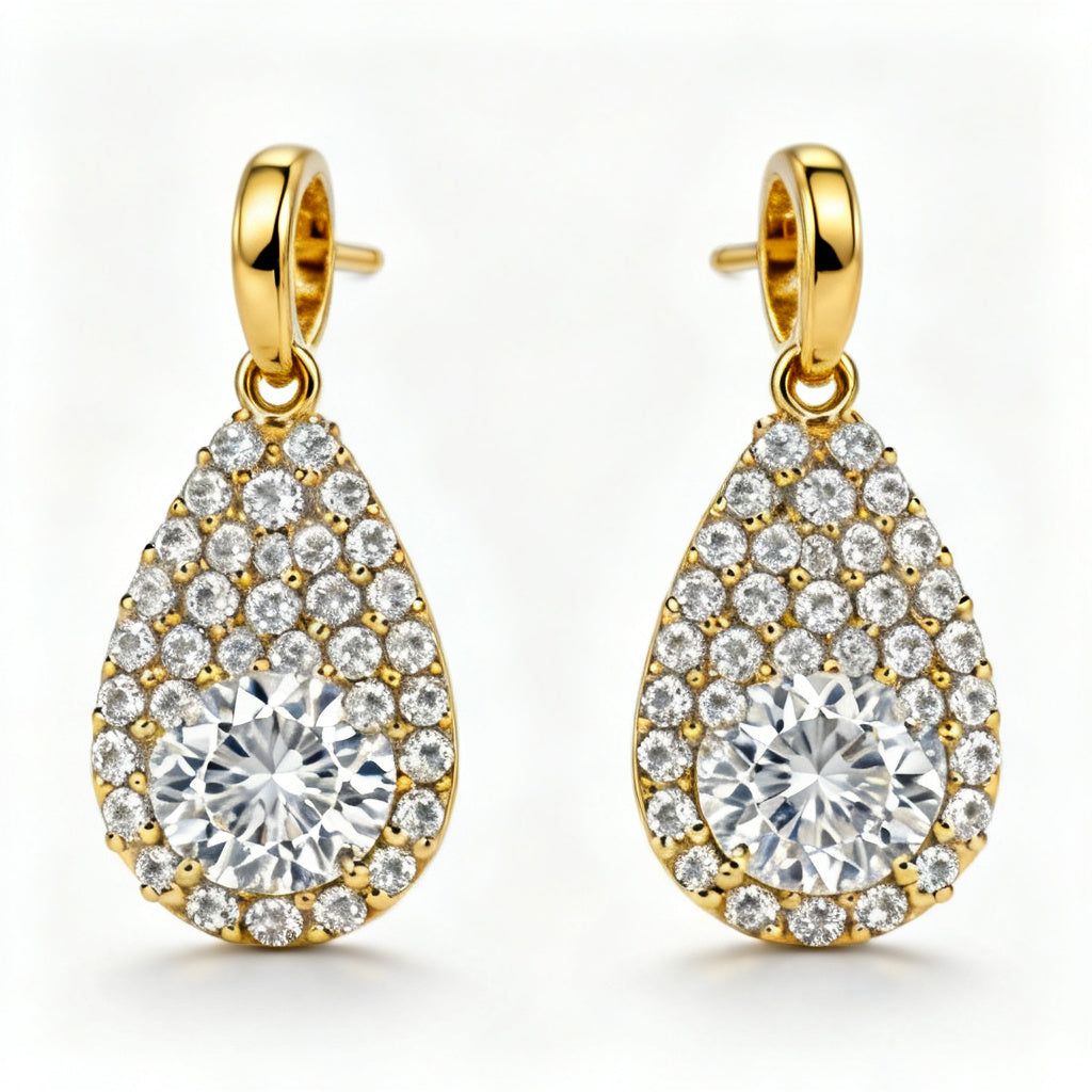 Pear Round Lab-Grown Diamond Luxe Back Earrings Yellow Gold Front View