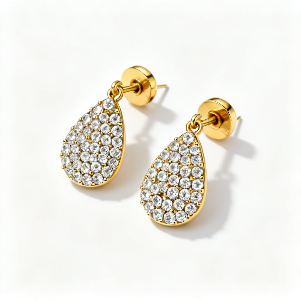 Pear Round Lab-Grown Diamond Luxe Back Earrings Yellow Gold Overhead View