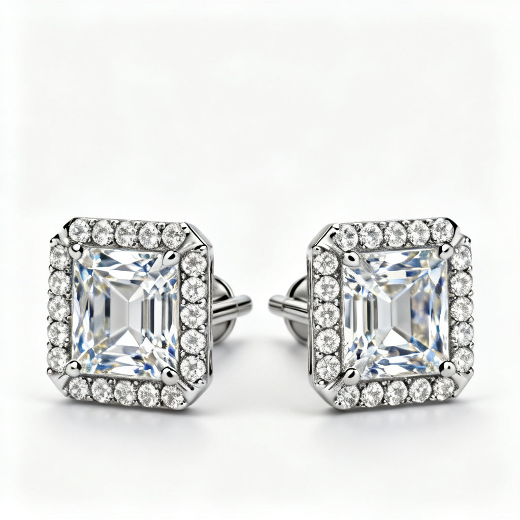 Emerald Round Lab-Grown Diamond Luxe Back Earrings White Gold Front View