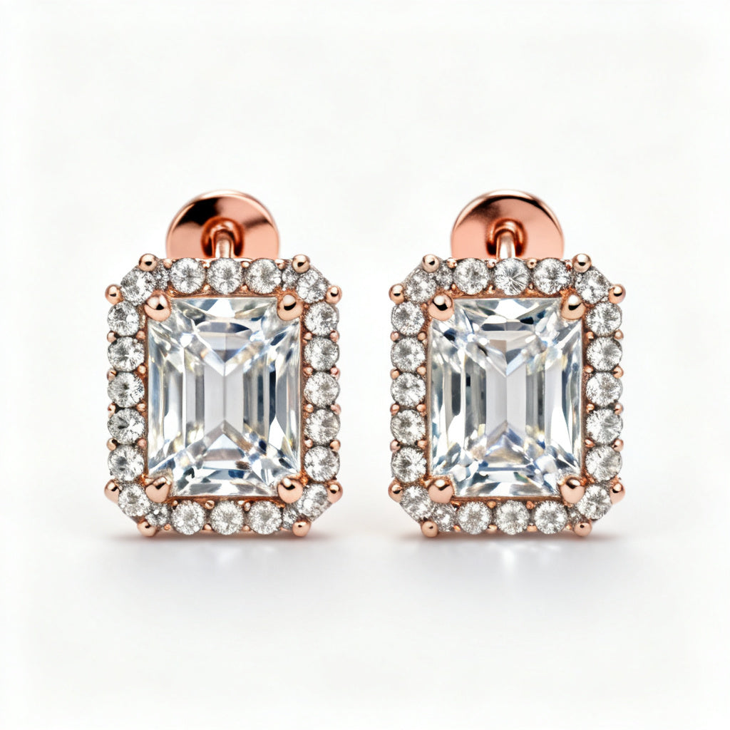 Emerald Round Lab-Grown Diamond Luxe Back Earrings Rose Gold Front View