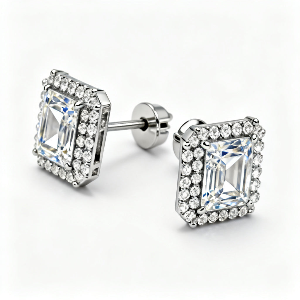Emerald Round Lab-Grown Diamond Luxe Back Earrings White Gold 45 View