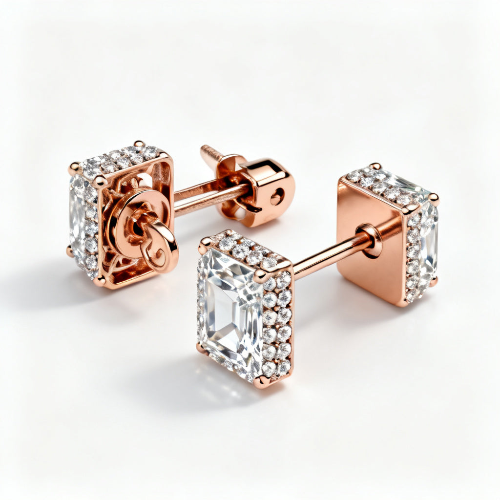 Emerald Round Lab-Grown Diamond Luxe Back Earrings Rose Gold 45 View