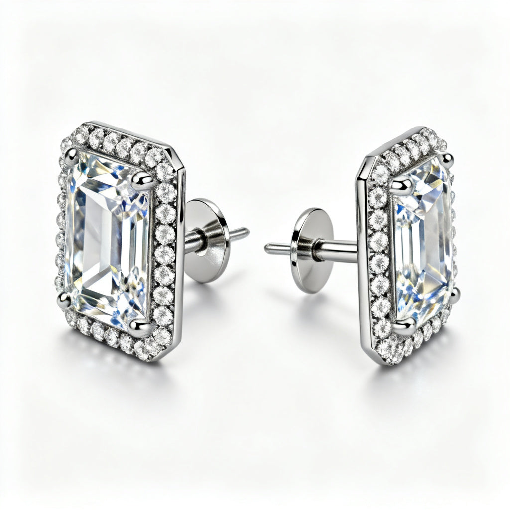 Emerald Round Lab-Grown Diamond Luxe Back Earrings White Gold Side Profile
