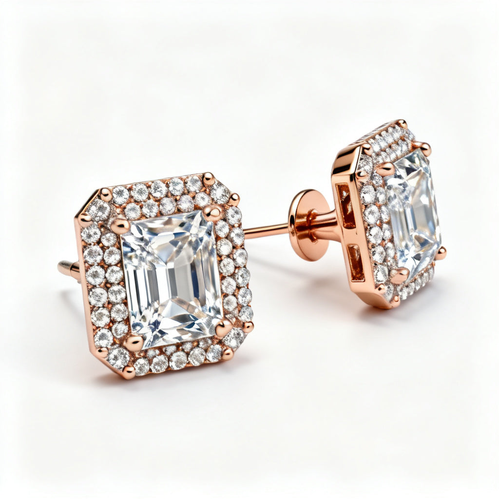 Emerald Round Lab-Grown Diamond Luxe Back Earrings Rose Gold Side Profile
