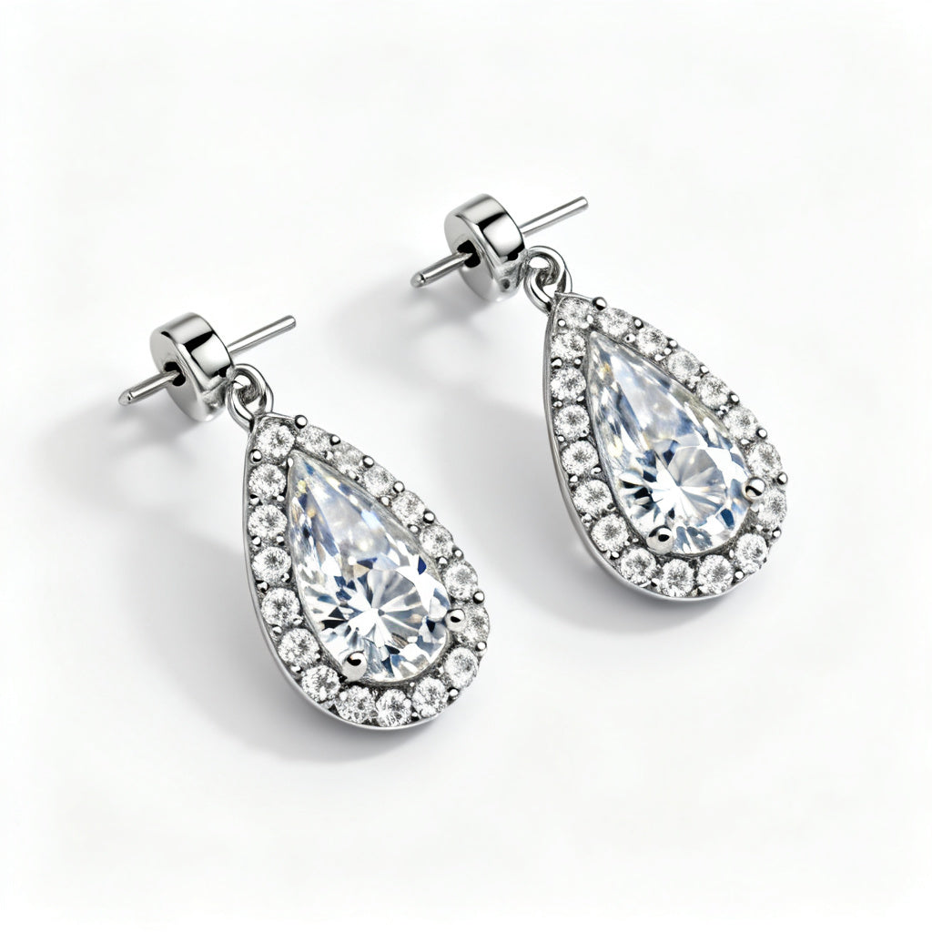 Pear Round Lab-Grown Diamond Luxe Back Earrings White Gold Overhead View