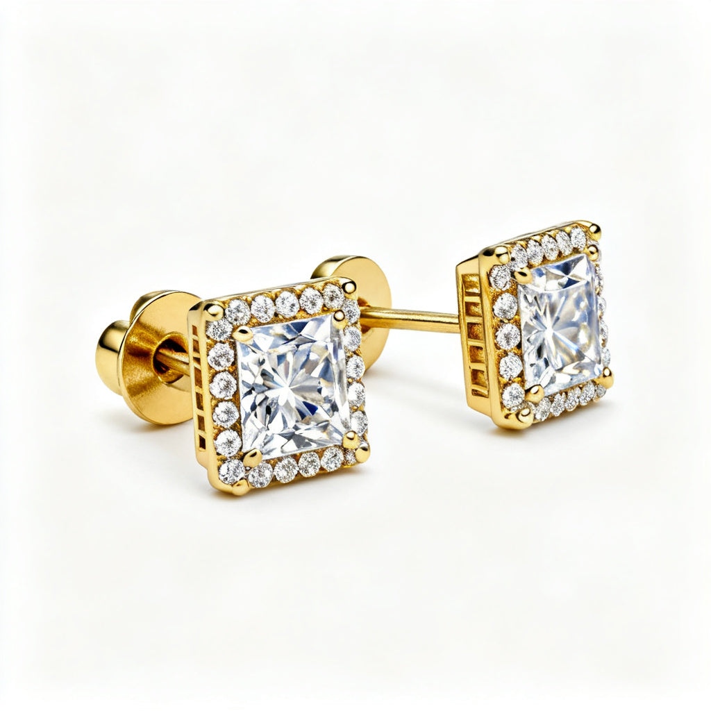 Princess Round Lab-Grown Diamond Luxe Back Earrings Yellow Gold Side Profile