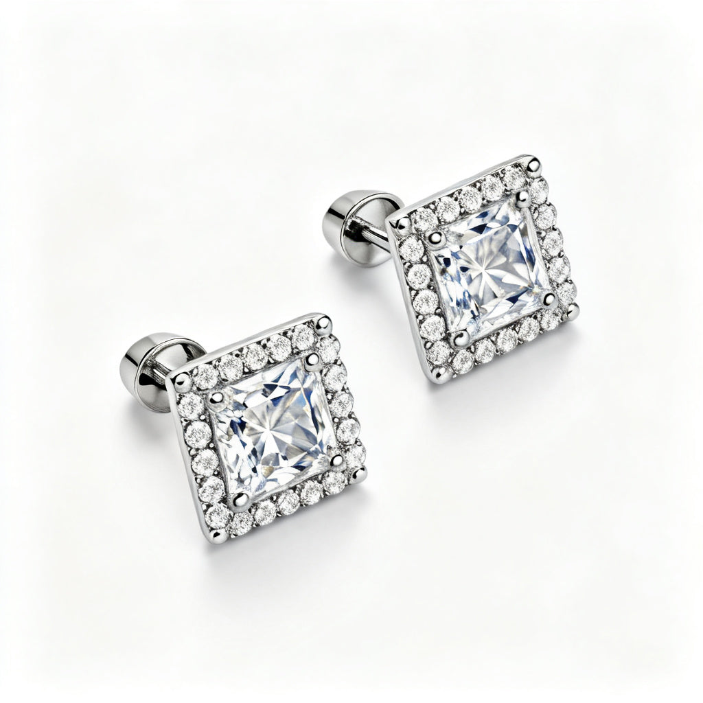 Princess Round Lab-Grown Diamond Luxe Back Earrings White Gold Overhead View