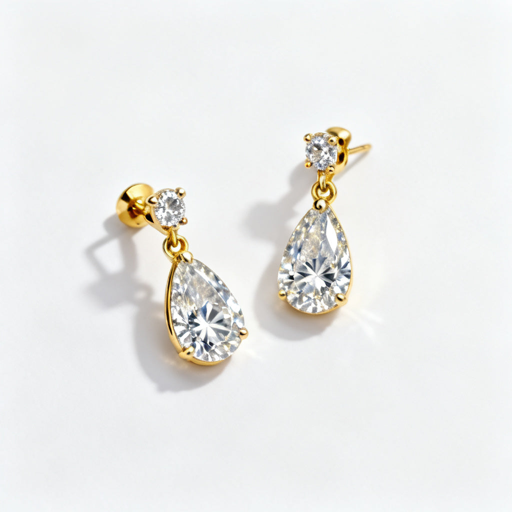 Pear Lab-Grown Diamond Luxe Back Earrings Yellow Gold Overhead View