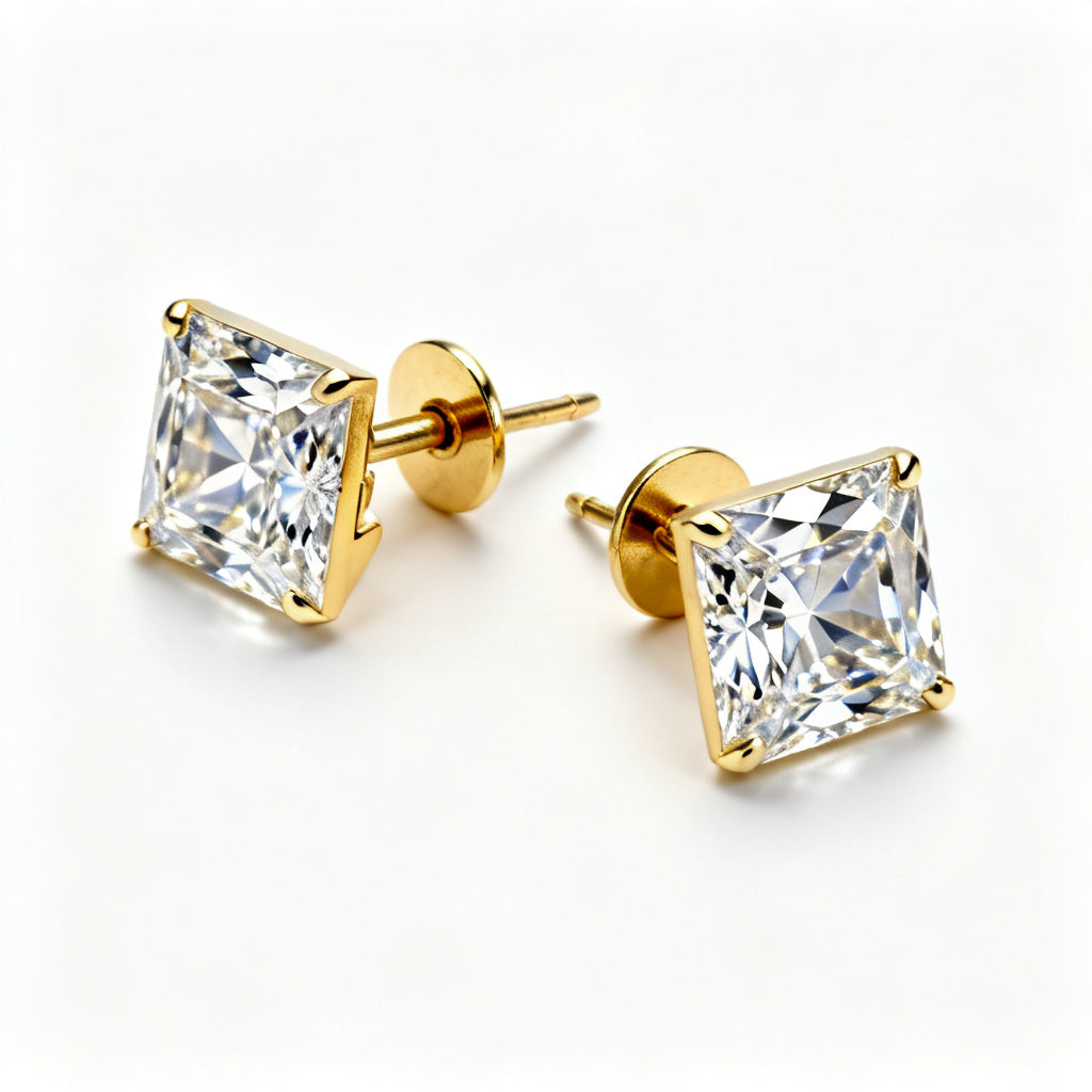Asscher Lab-Grown Diamond Luxe Back Earrings - Yellow Gold 45 Degree