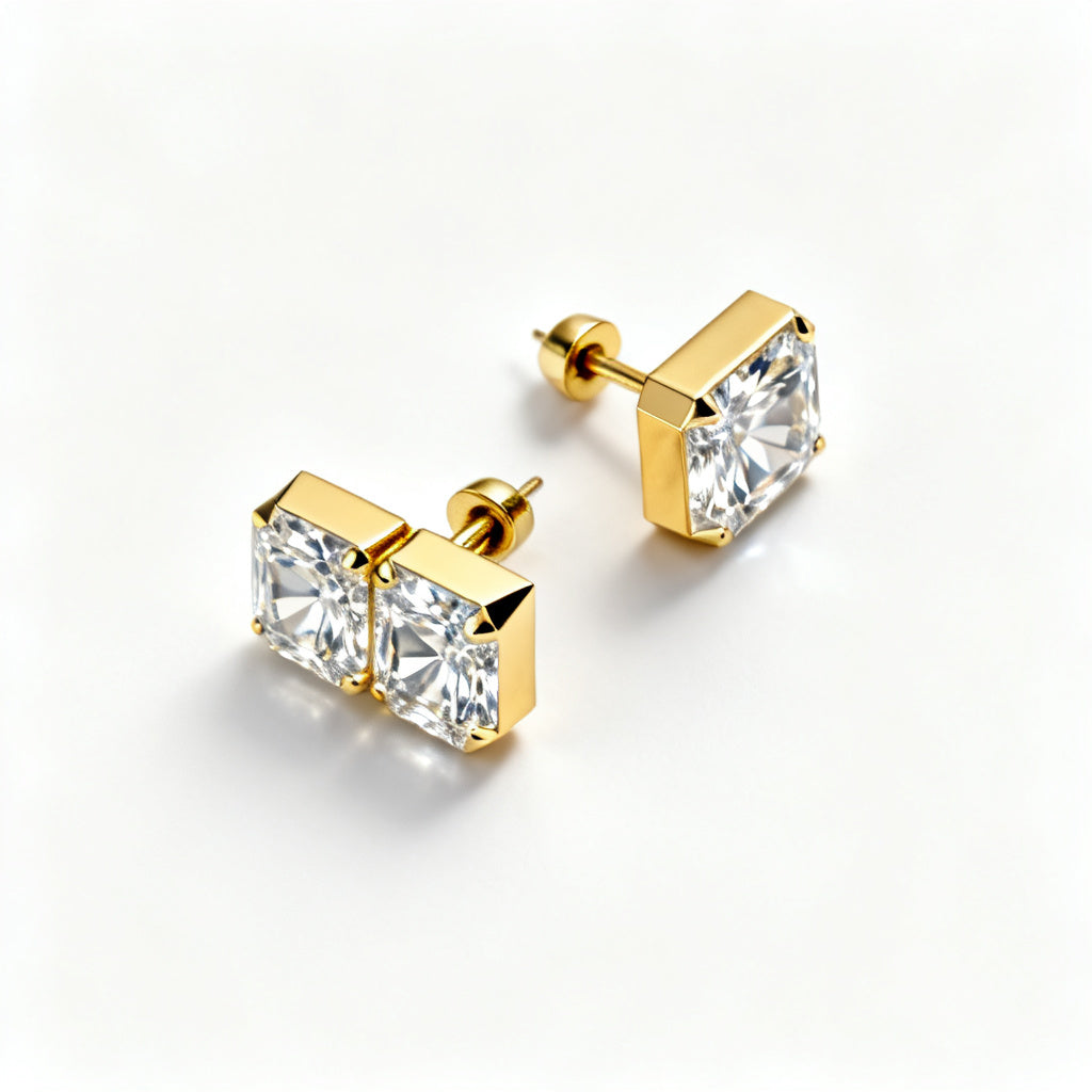 Asscher Lab-Grown Diamond Luxe Back Earrings - Yellow Gold Overhead View