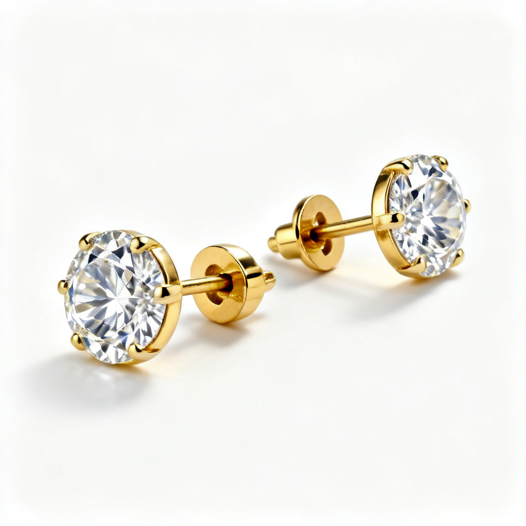 Lab-Grown Round Diamond Luxe Back Earrings - Yellow Gold 45 Degree