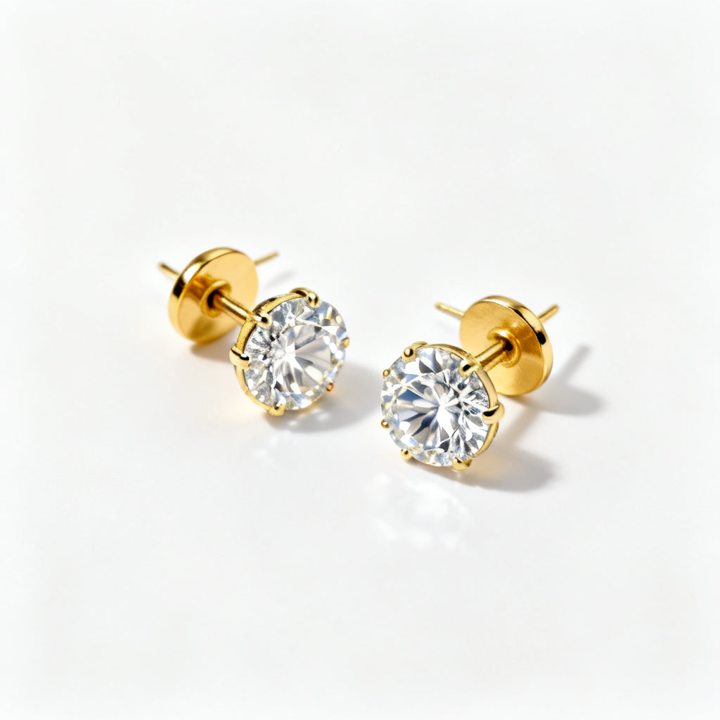 Lab-Grown Round Diamond Luxe Back Earrings - Yellow Gold Overhead View