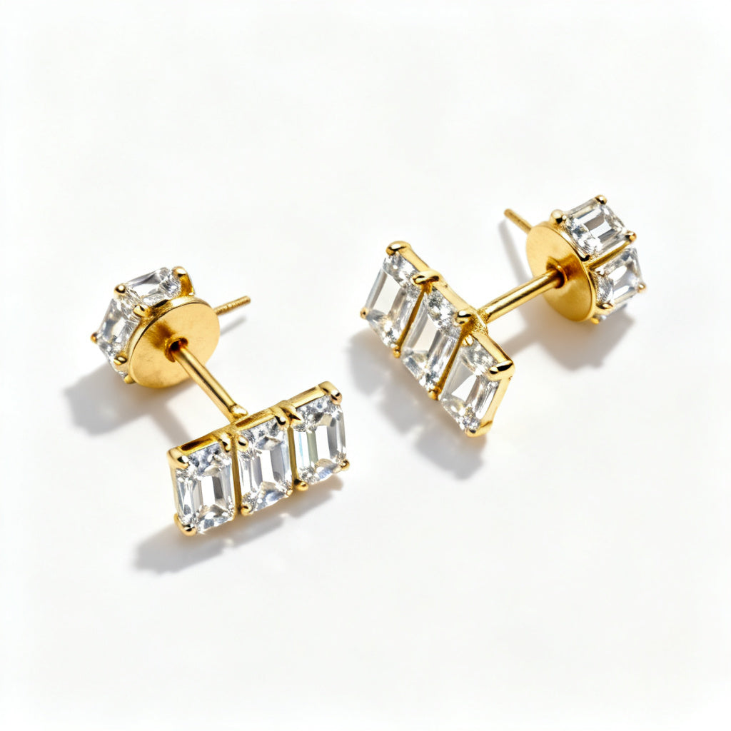 Emerald Lab-Grown Diamond Luxe Back Earrings - Yellow Gold Overhead View
