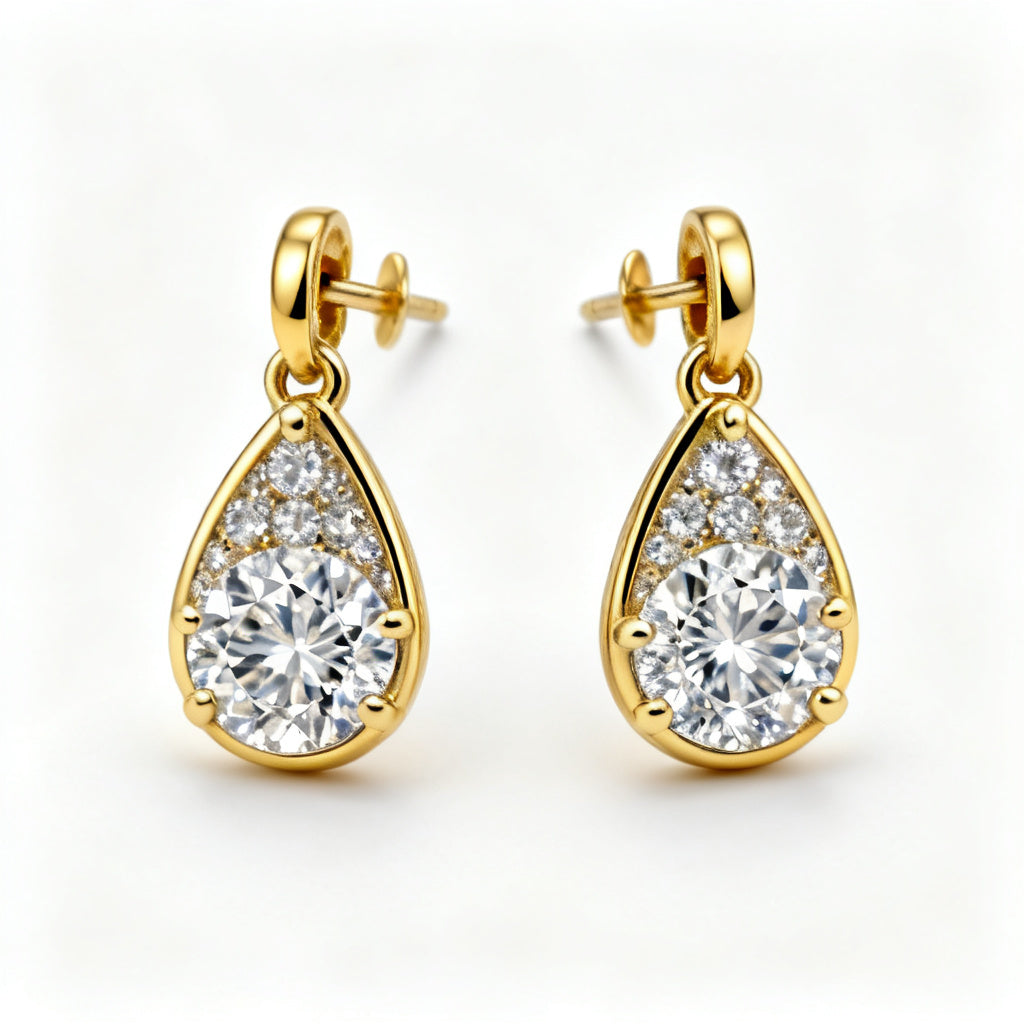 Pear & Round Lab-Grown Diamond Luxe Back Earrings - Yellow Gold Front View