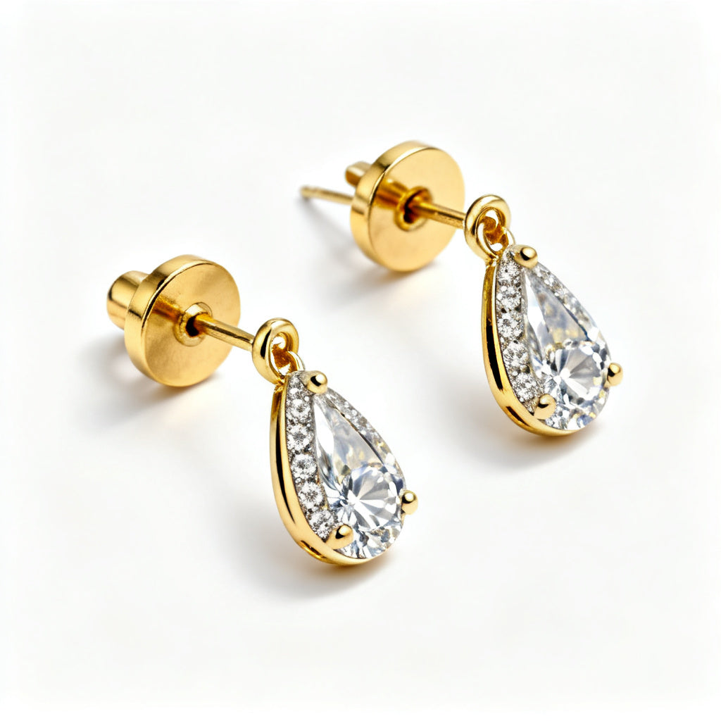 Pear & Round Lab-Grown Diamond Luxe Back Earrings - Yellow Gold 45 Degree View