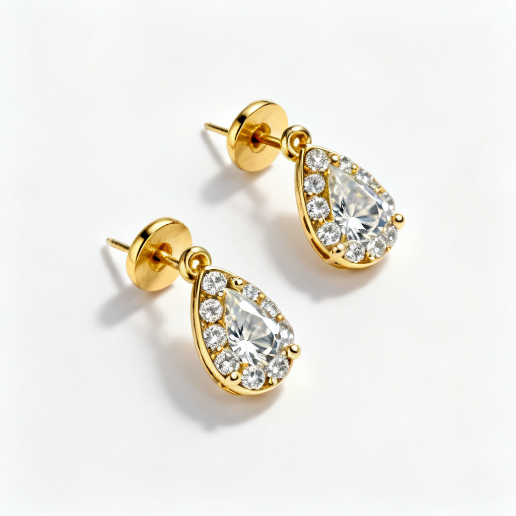 Pear & Round Lab-Grown Diamond Luxe Back Earrings - Yellow Gold Overhead View
