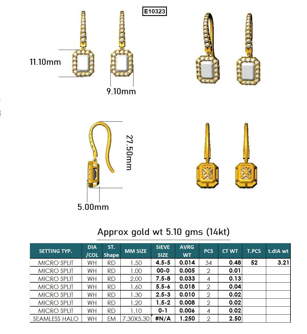 Emerald & Round Lab-Grown Diamond Luxe Back Earrings - 14KT Yellow Gold