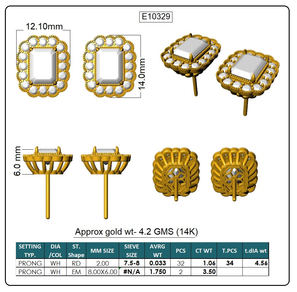 Emerald & Round Lab-Grown Diamond Luxe Back Earrings - 14KT Yellow Gold