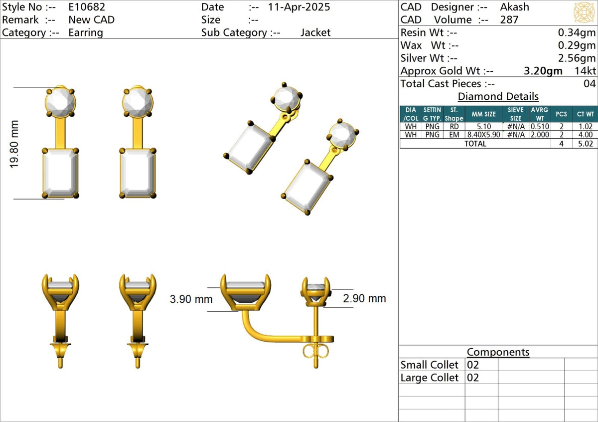 Emerald & Round Lab-Grown Diamond Luxe Back Earrings - 14KT Yellow Gold