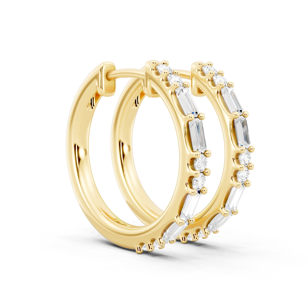 Mixed Baguette Round Diamond Back Earrings - 14KT Yellow Gold