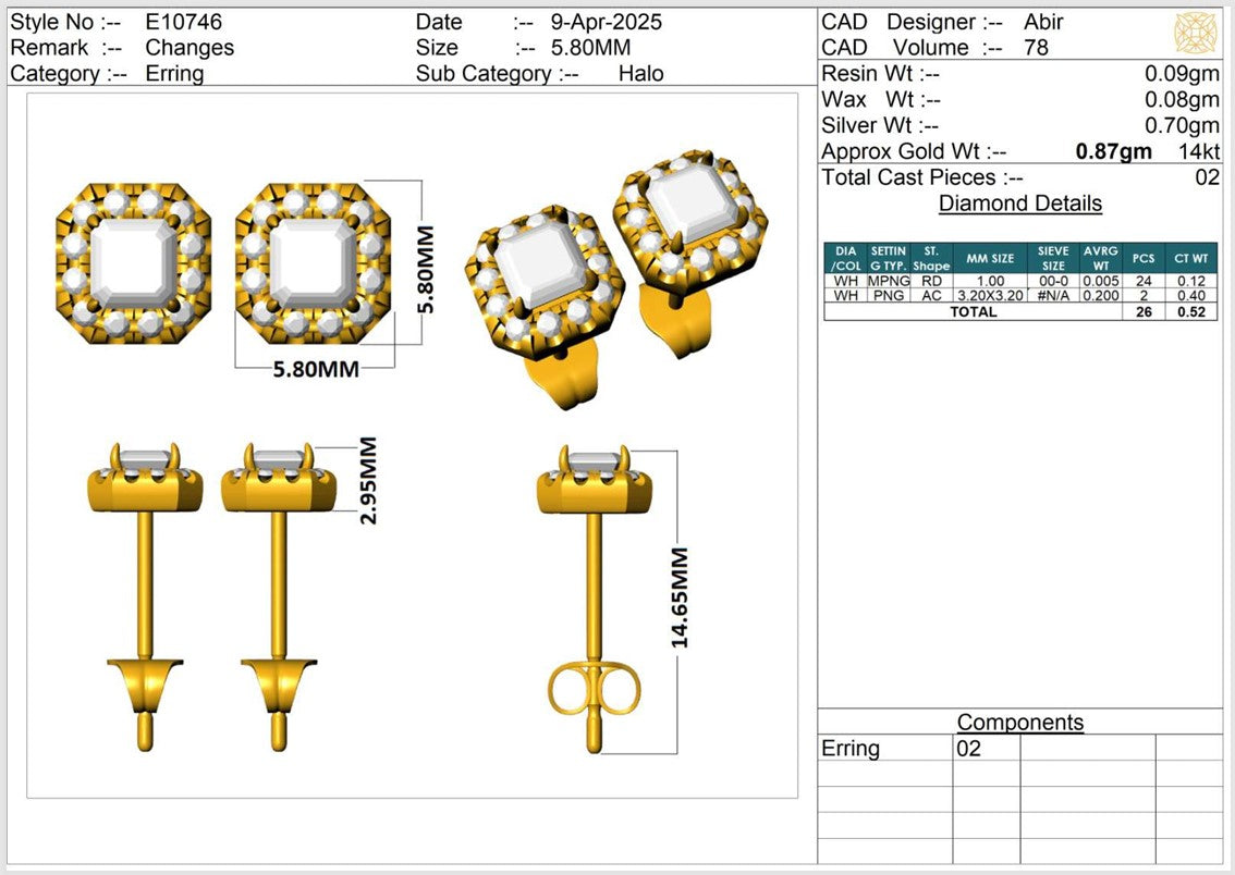 Asscher & Round Lab-Grown Diamond Pavé Back Earrings - 14KT Yellow Gold