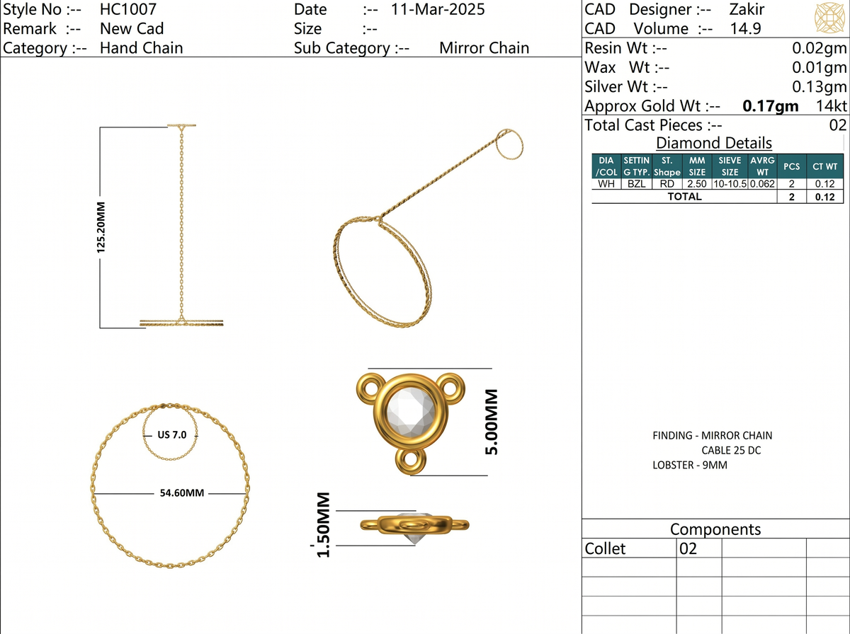 Mirror Cable Diamond Hand Chain - Yellow Gold