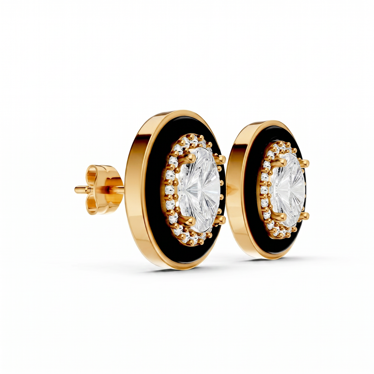 Oval Silver CZ Luxe Back Earrings - Yellow Gold