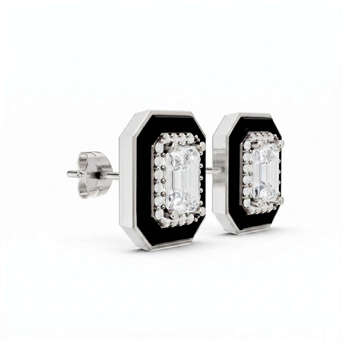 Emerald Silver Luxury Back Earrings - White Gold