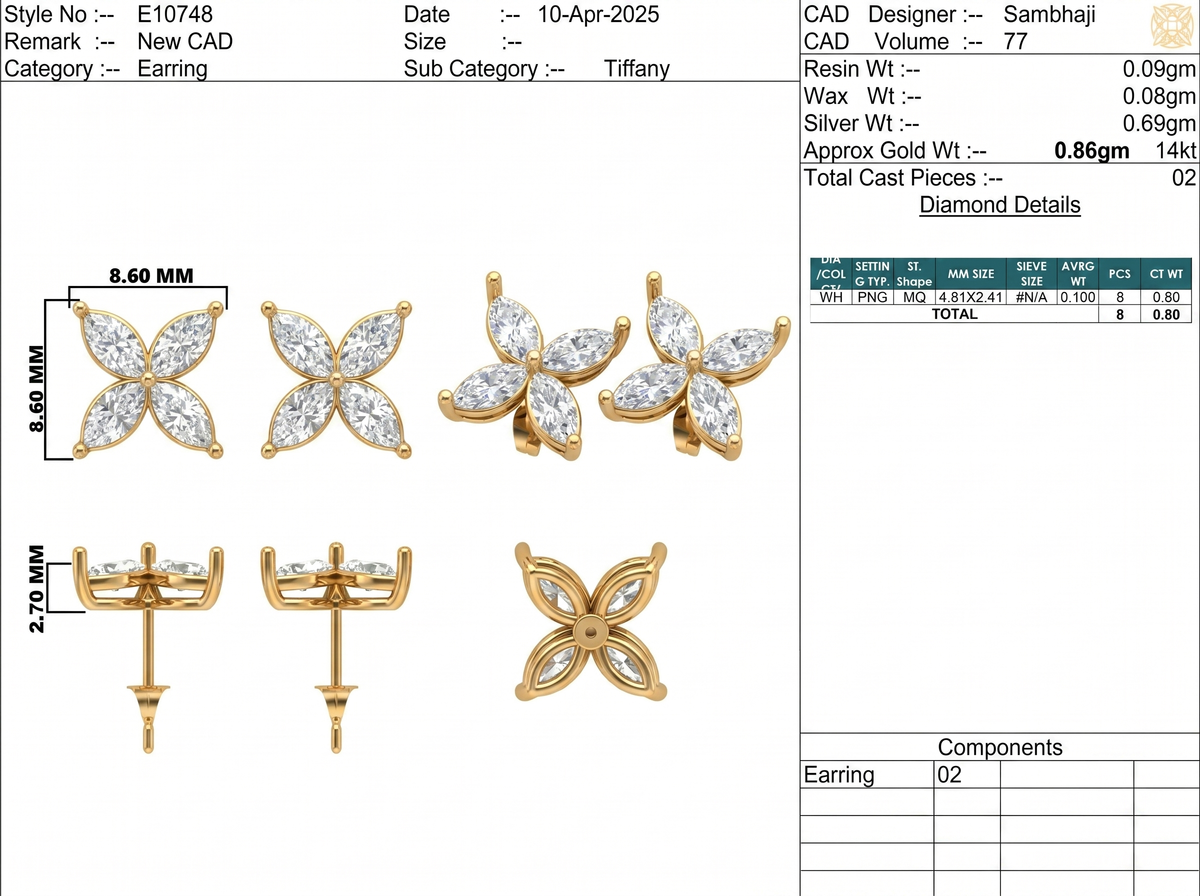 Marquise Lab-Grown Diamond Back Earrings - Yellow Gold